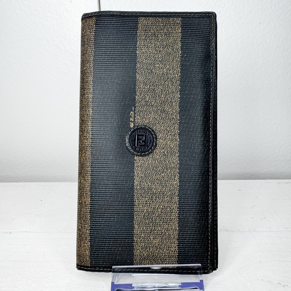 Vintage Fendi Pequin Stripe Long Wallet Brown Black Canvas Leather